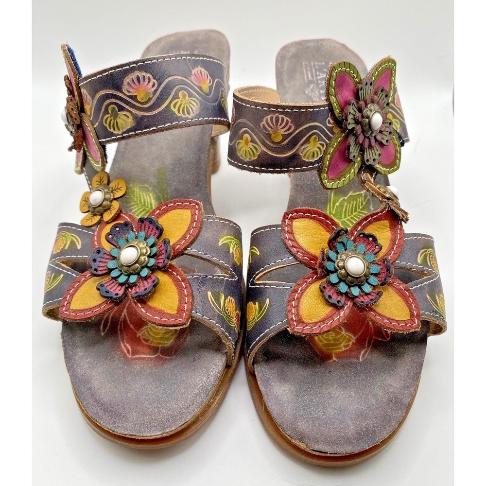L'Artiste Spring Step HAVERB-NM Boho Floral Leather Block Heel Sandals Sz 10/41 - Picture 2 of 10